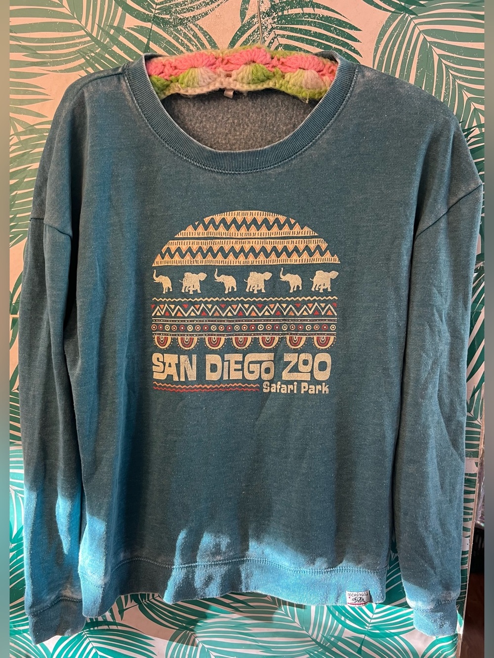 Techstyles San Diego Zoo Safari Park Teal Crewneck Sweatshirt Sz M elephants
